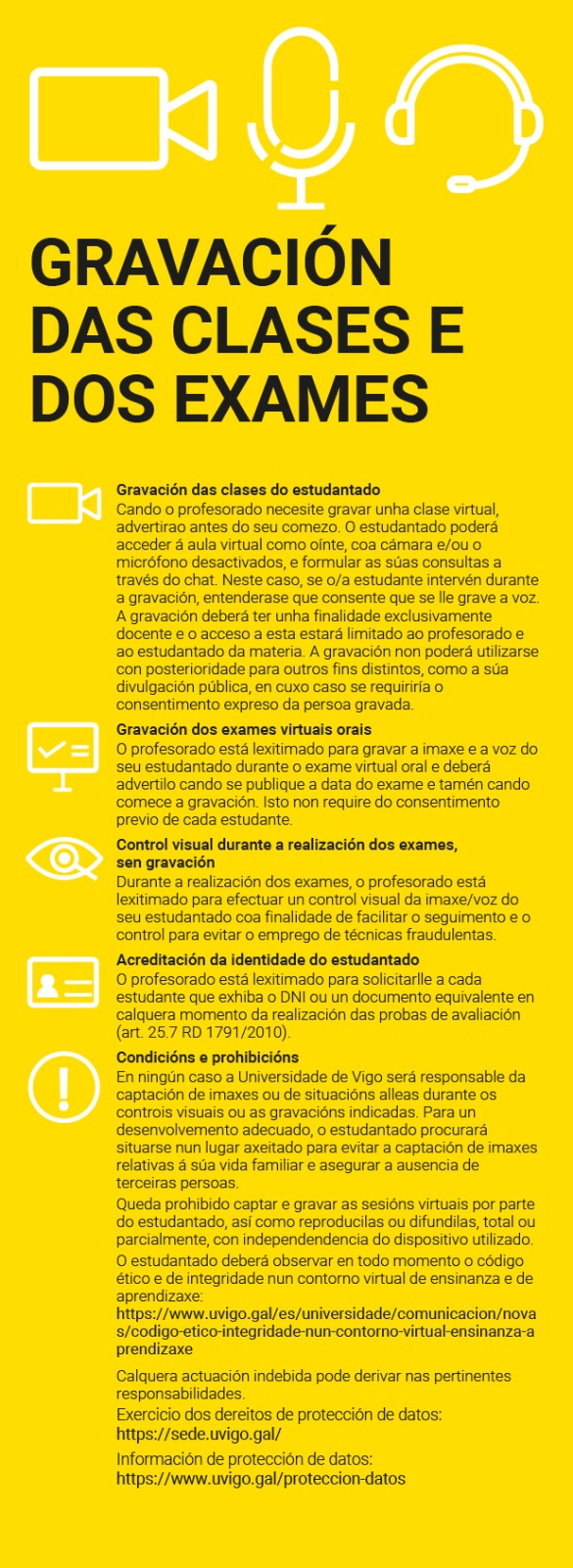Cartel amarillo con el aviso de la grabación de las clases y de los exámenes