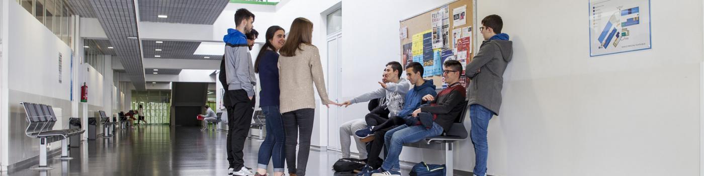 Estudantes charlando nun corredor
