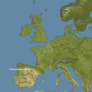 Mapa de Europa (de galicia aos Urais), cos tres campus marcados