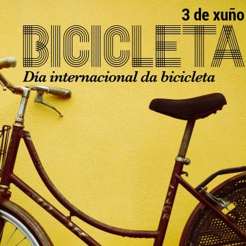 Bicicleta sobre fondo amarelo co texto Día Internacionald a Bicicleta